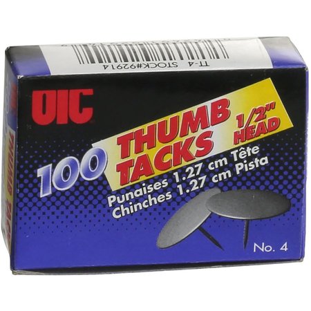 Oic Thumb Tacks, 1/2" head, 100/BX, Steel 100PK OIC92914